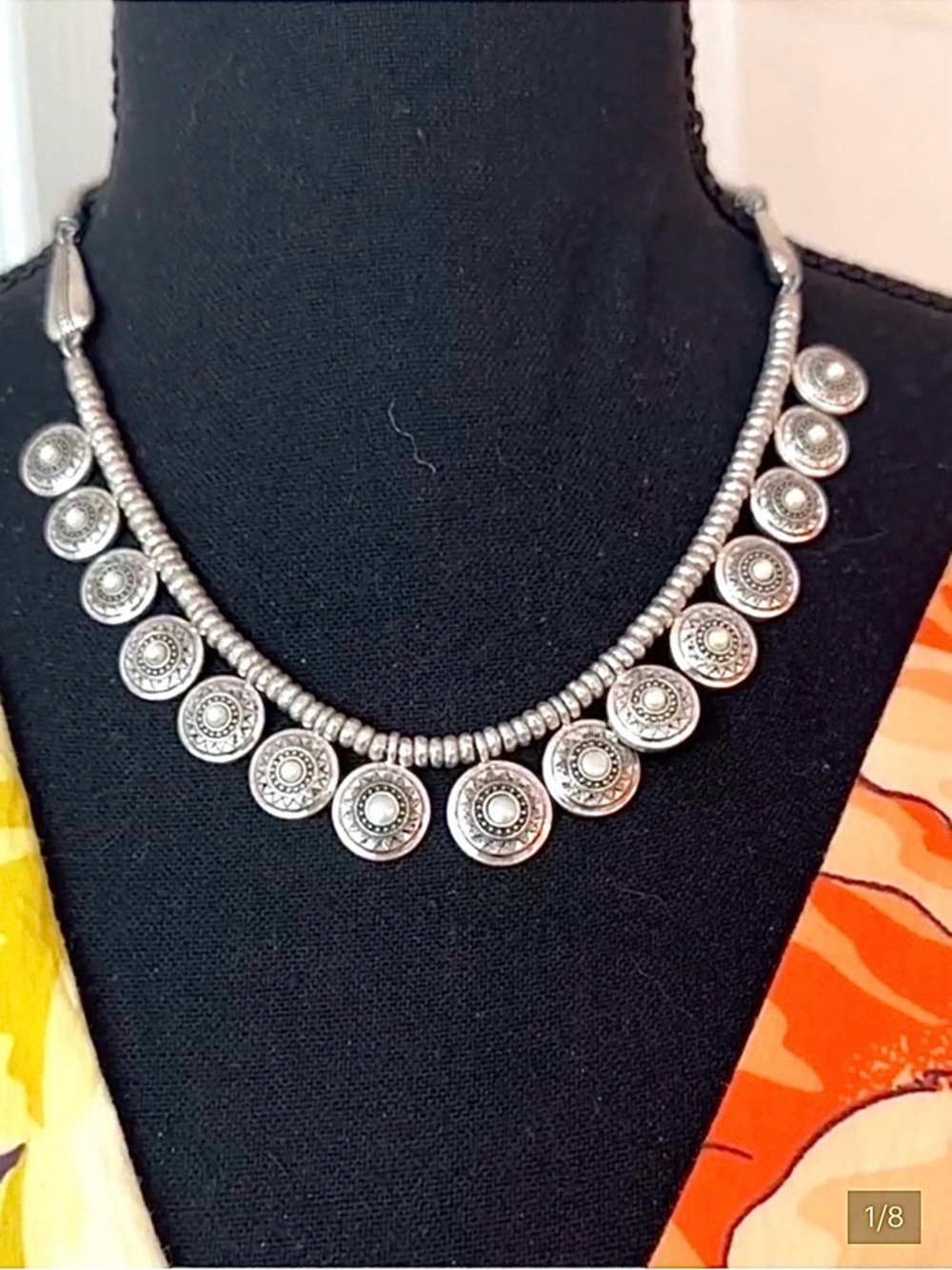 Choker Statement Necklace Round Etched Embellishments Faux Pearl Accents